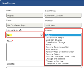 In the New Message window, the Internal Note field at left displays No as the selected option.